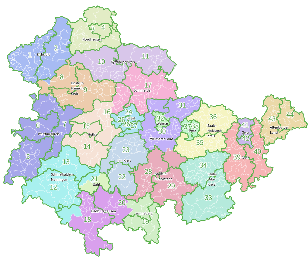 Thringenkarte mit Land- und Wahlkreisen Landtagswahl 2024